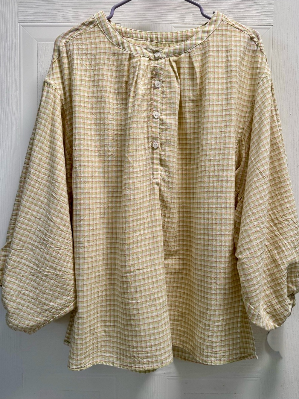 Max Studio Yellow Gingham Plaid Cotton Balloon Sleeve Blouse Size L